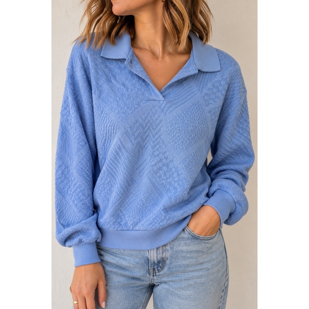 National Blue Textured Knit Polo Pullover Long Sleeve Sweater Retro 90s Vintage